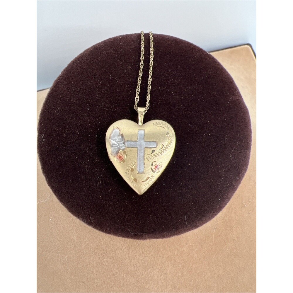 Vtg 14K GF TriColor Gold Heart Locket Necklace Satin Finish Etched Cross Flowers